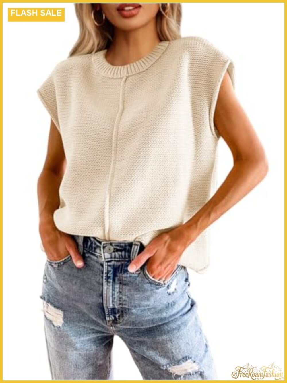 Cap Sleeve Sweater Vest Loose Knit Crewneck Pullover Top Women's
